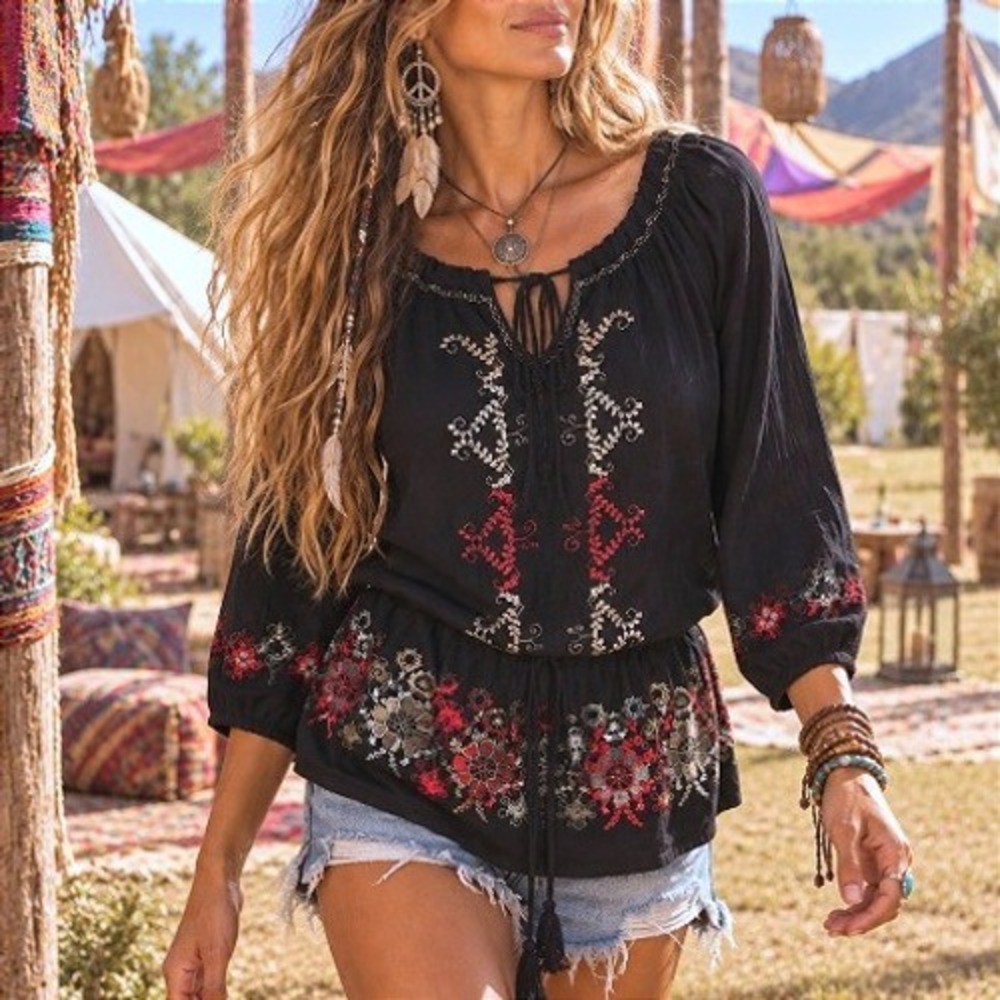 RXB Black Embroidered Tassel Ties Flower Child Boho Festival Peasant Blouse M